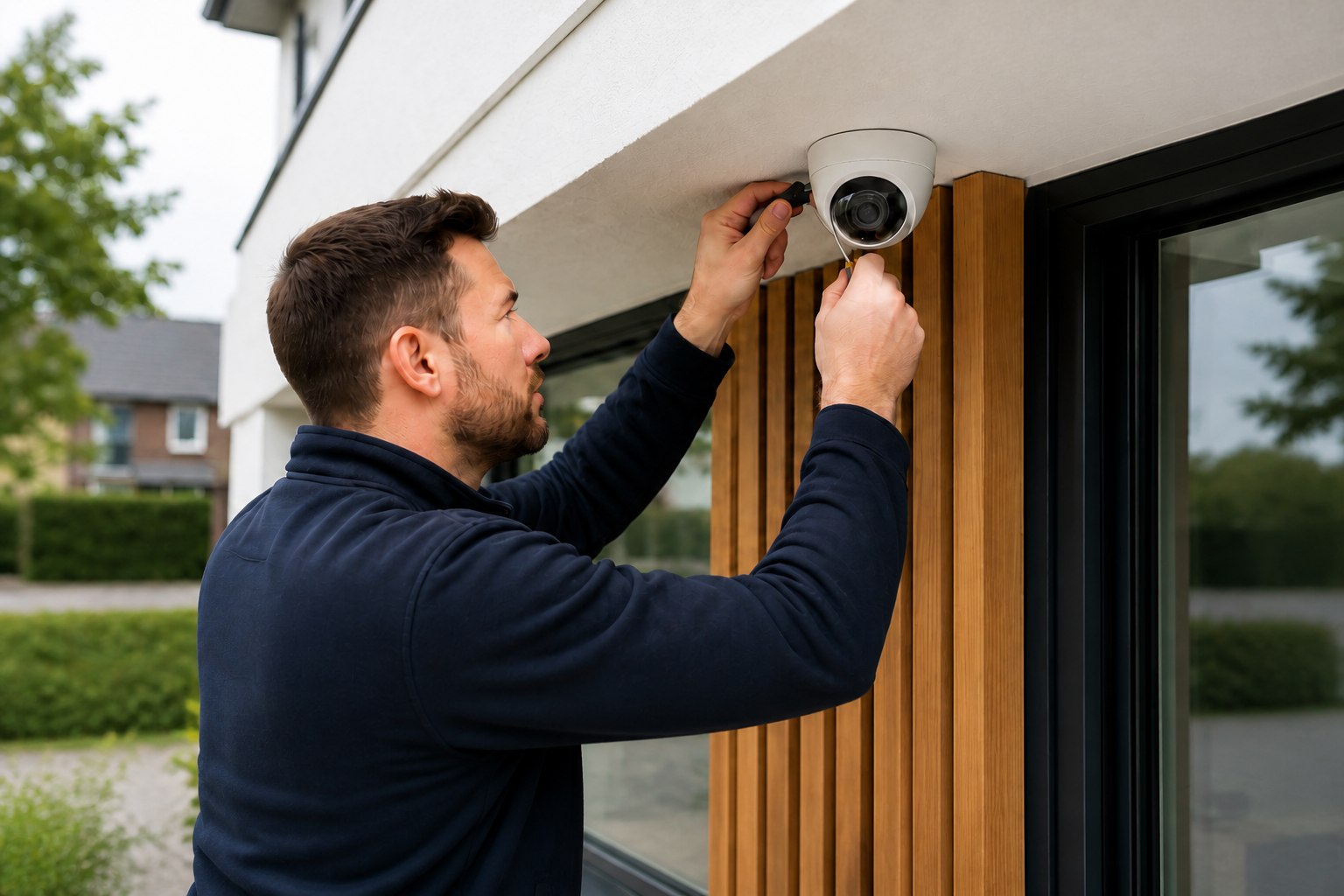 Monteur werkt aan camerabeveiliging bij een woning